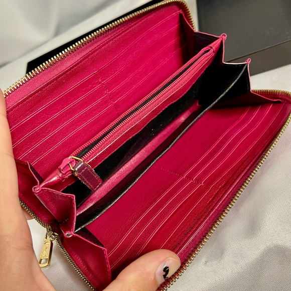 YSL Yves Saint Laurent | fushia leather zip-around long wallet + box - Picture 9 of 11